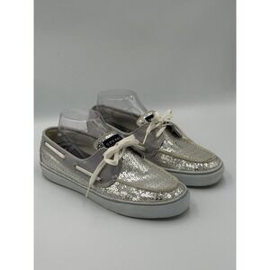 Sperry Top-Sider Womens 9M Silver Sequin Boat Shoes Sparkle Casual Flats